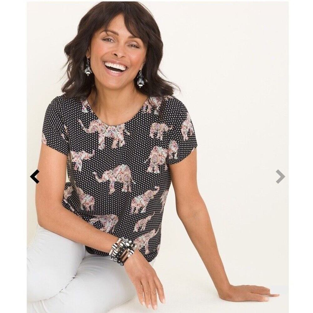 Chico's Reversible Top Solid Black or Dot Elephant Print Short Sleeve Sz 0 (4/6)
